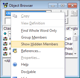 VBA Object Browser Menu